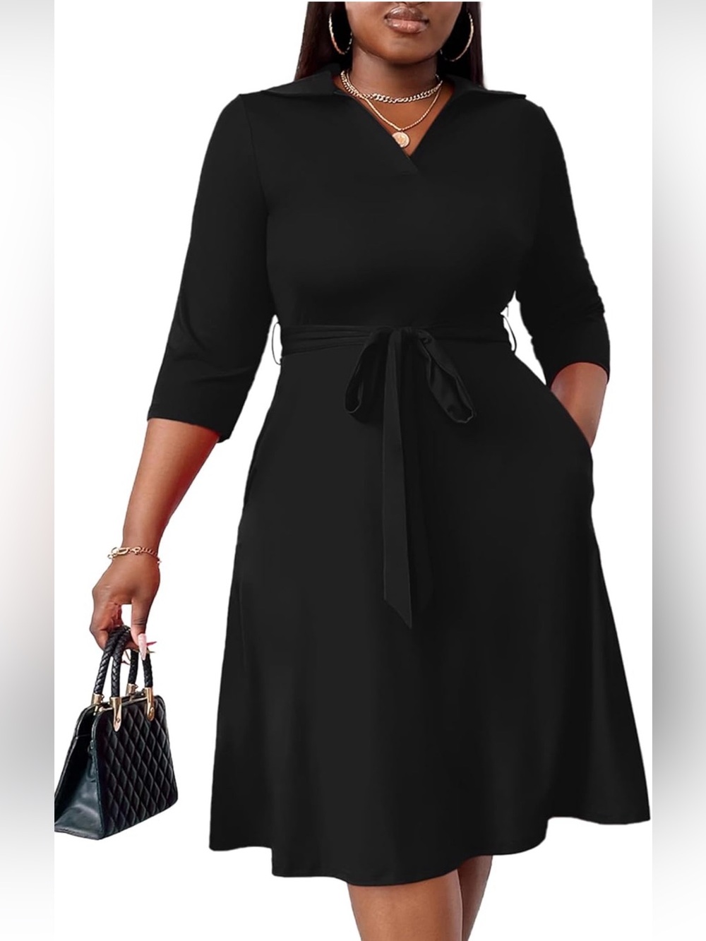 NWT Classic Black Midi Shirt Dress with Waist Tie, 1X